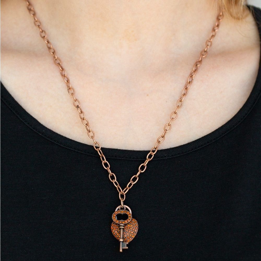 Set! Copper tone chain with orange heart and key charm encrusted in rhinestones